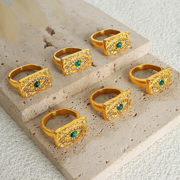 18K Gold Plated Evil Eyes Ring*Malachite Ring*Vintage Chunky Ring*Artsy Chic*JD - Picture 3 of 4